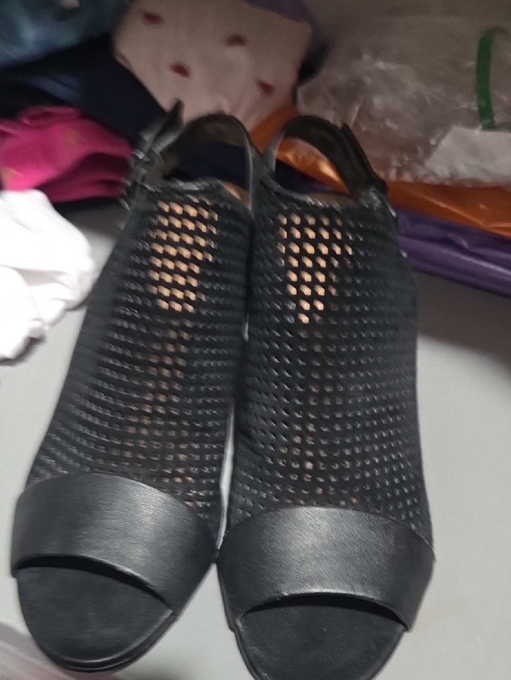 Tahari Black Mesh Peep-Toe Slingback Mules